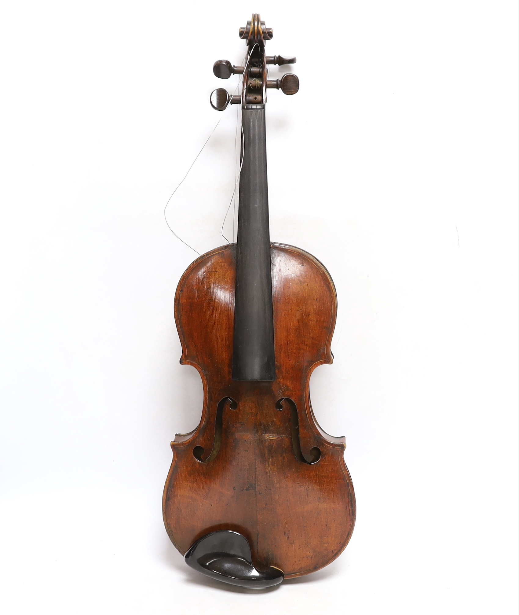 A violin labelled 'Albani Palermo', cased, length of back 35.5cm